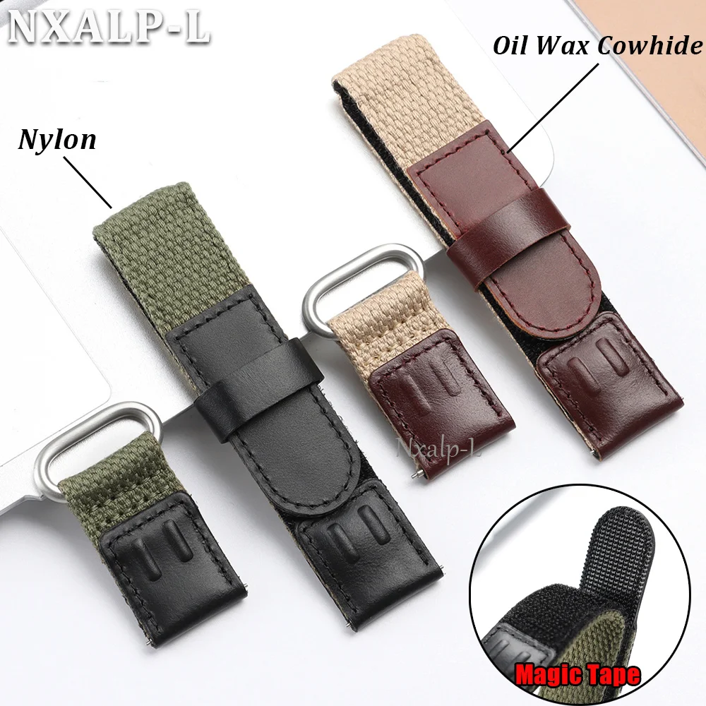 Magic Tape Nylon Strap 19mm 20mm 22mm Oil Wax Cowhide Watch Band for Smartwatch Wristband Men Women Sport Qucik Release Bracelet