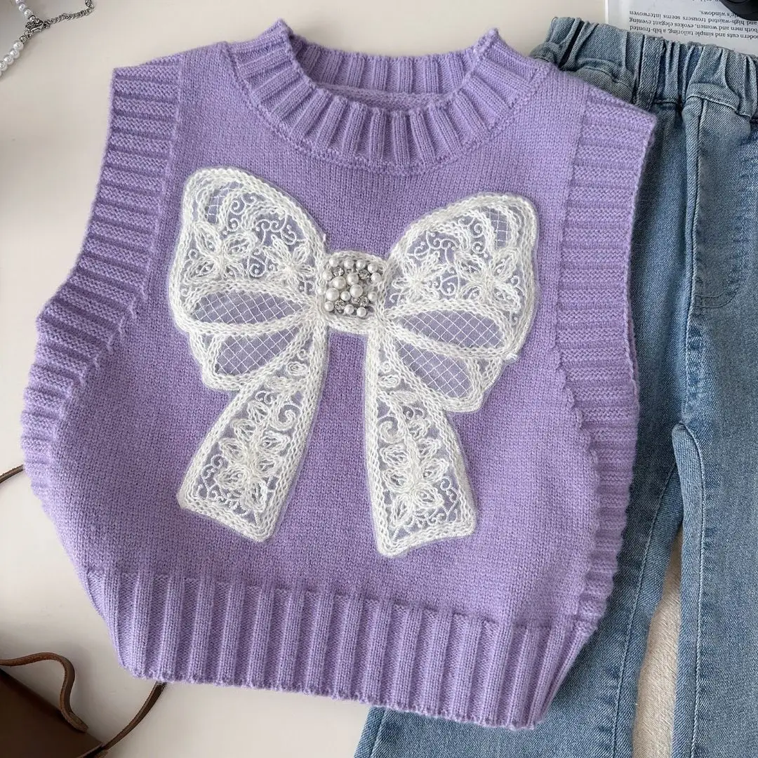 

Комплект детской одежды, осенние джинсы, вязаный жилет, рубашка, 3 шт., милый, милый, солодкий, свободный, милый комплект