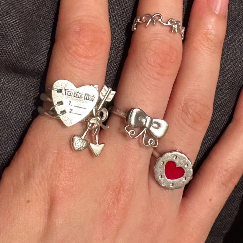 3PCS Y2K Jewelry Heart Shape Book Bow Ring for Women Korean Fashion Vintage Kawaii Charm Geometric Ring Set Accessories Punk