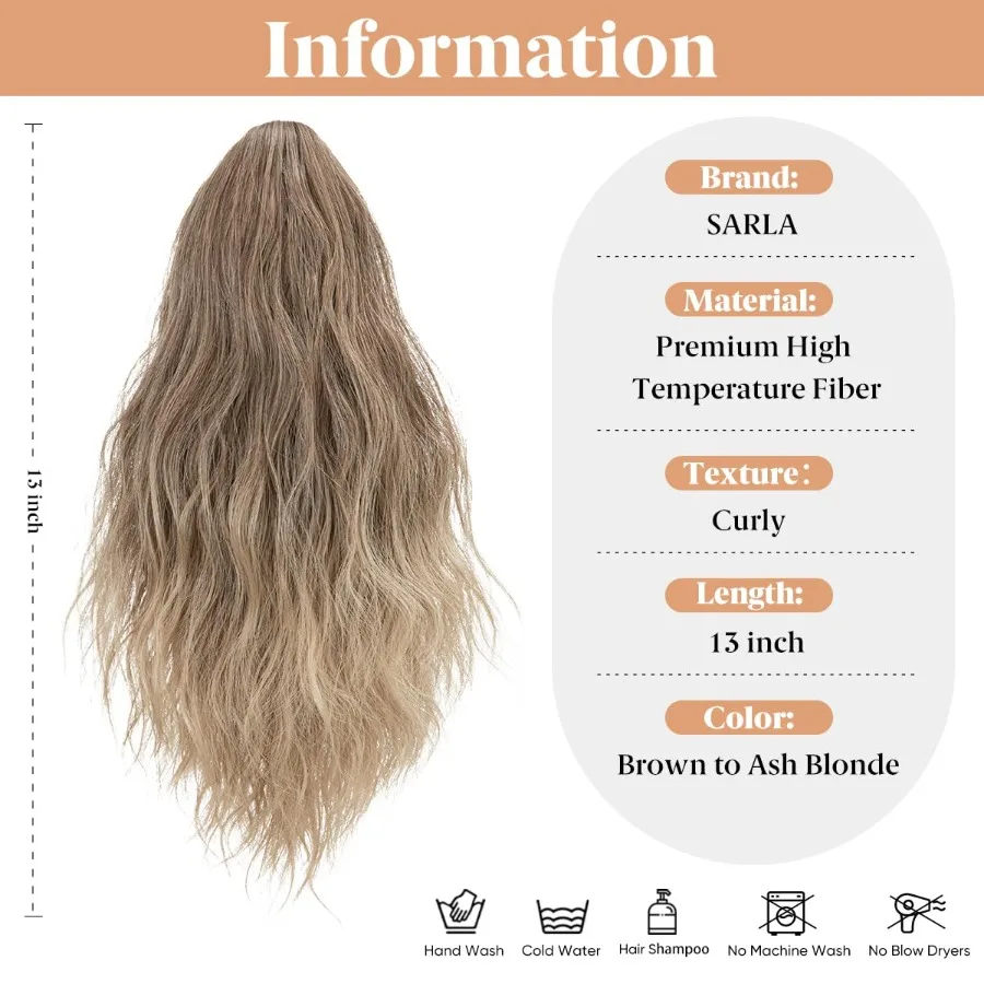 SARLA قصيرة ذيل حصان تمديد مخلب كليب في 13 بوصة رقيق الاصطناعية مجعد متموج ذيل حصان هيربيسي للنساء البني إلى الرماد Blon