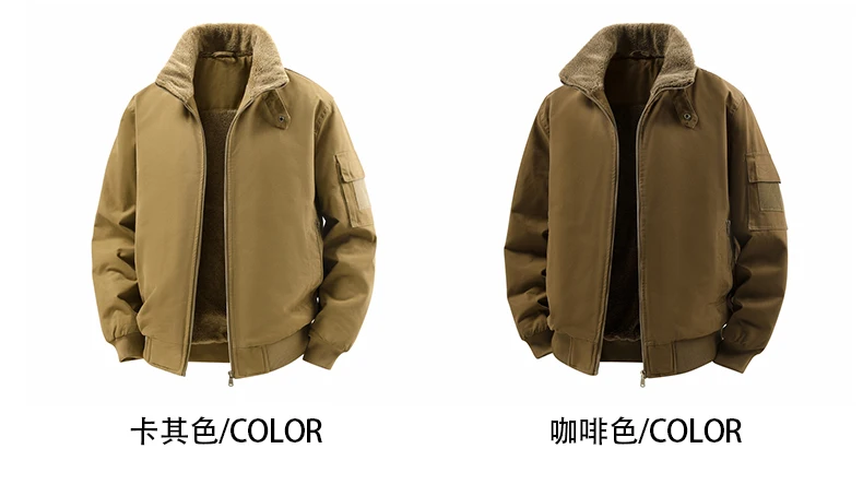 Male Reversible Washed Pure Cotton Fleece Lined Thick Jacket Multi Pocket Stand Collar Workwear Business Coat For Middle Aged