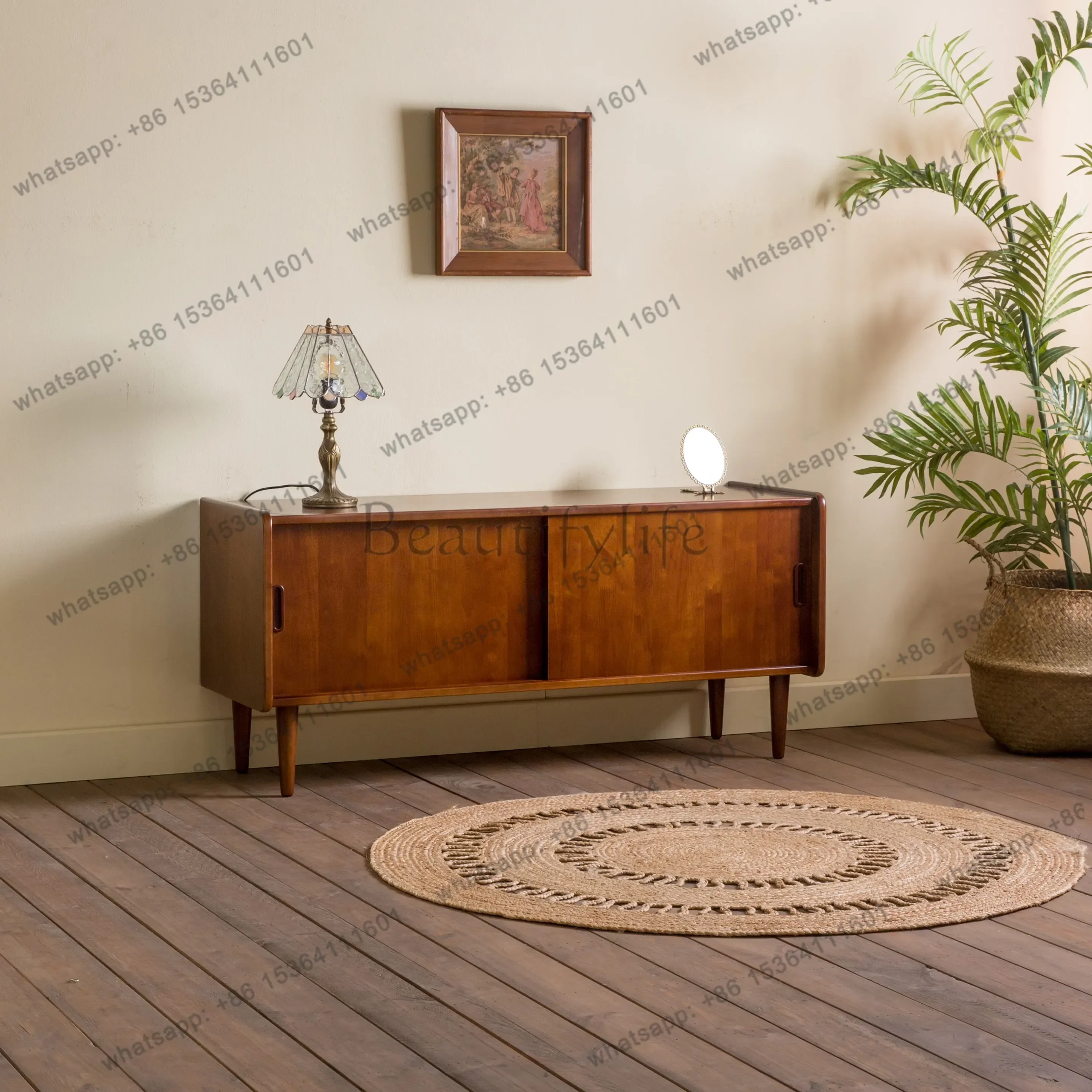 LJY solid wood TV cabinet, small apartment audio-visual cabinet, 1.2m floor-to-ceiling cabinet, walnut living room combination