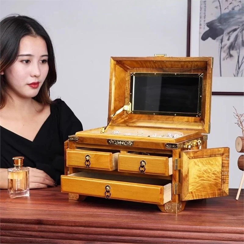Golden nanmu jewelry box, ancient Chinese style wood cosmetic box