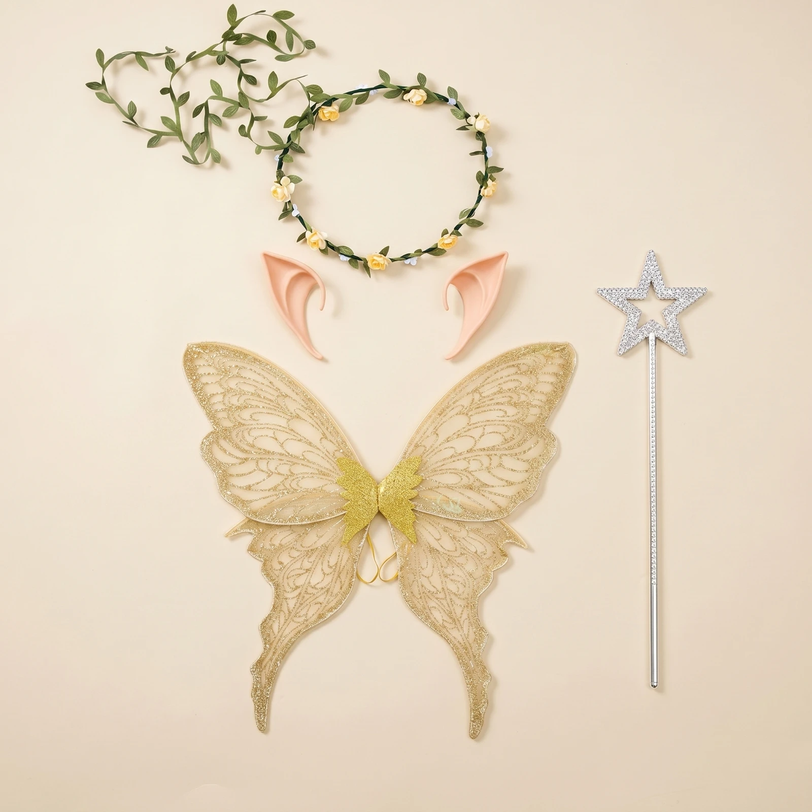4 Pieces Butterfly Wings with Wand Multi-Layered Fairy Costume Set Elf Costume Kit Lovely Flower Crown Holographic for Children