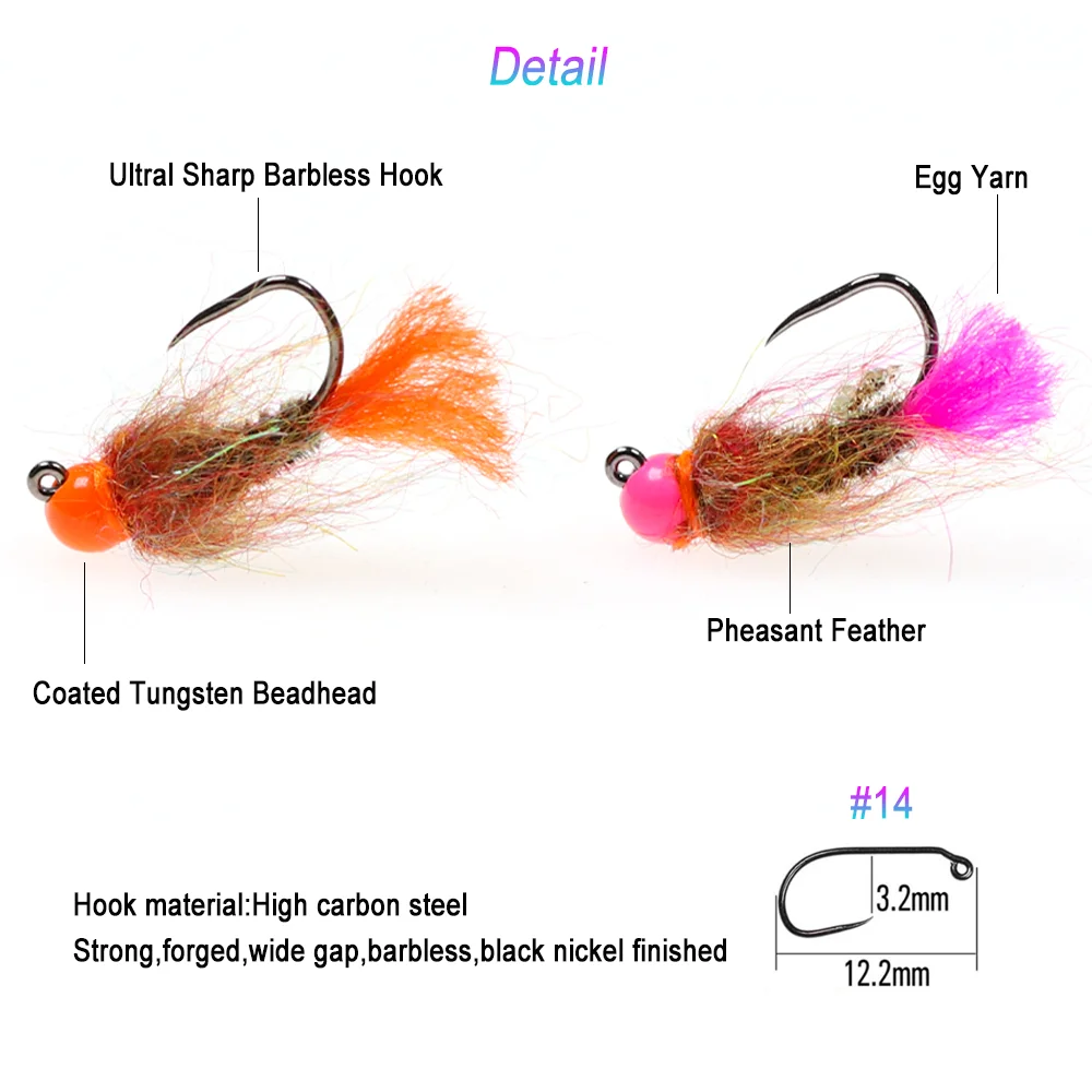 Vampfly 12pcs 14# Tungsten Beadhead  Barbless  Nymphs Fly Baits Jig Hook Nymphs Trout Salmon Fishing Lure