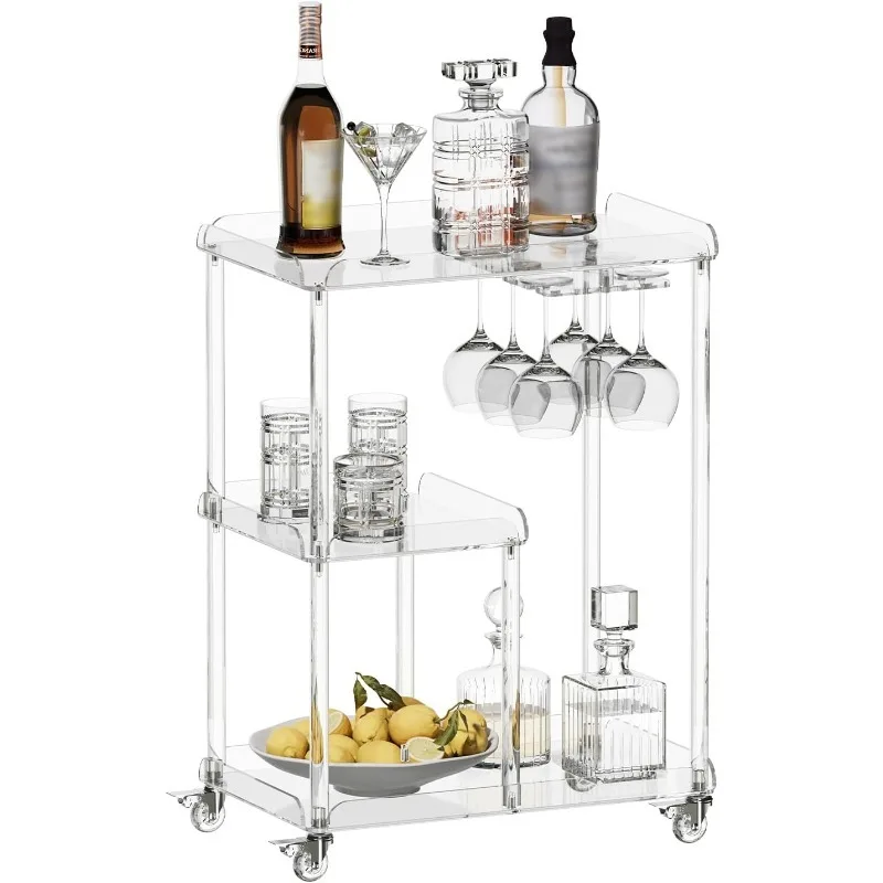 Acrylic Dining Cart with 4 Lockable Wheels, 3-Layer Transparent Service Cart with Glass Support, Rolling Beverage Cart for Home