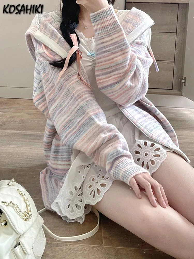 Vintage Zip Up Cardigan Womens Korean Knitted Striped Contrast Hoodie Sweaters Coat 2024 Loose All Match Y2k Aesthetic Jackets