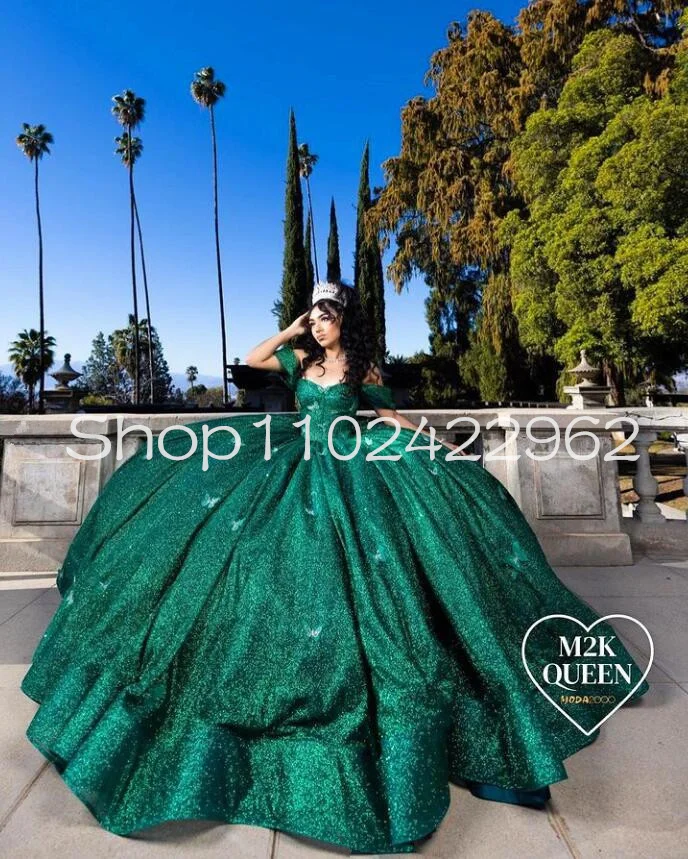 Smaragdgrün funkelnde Quince anera Kleider schulter frei Luxus Korsett ohne Knochen geschwollenen Rock Vestidos de 15 Quinceañera Verde Menta