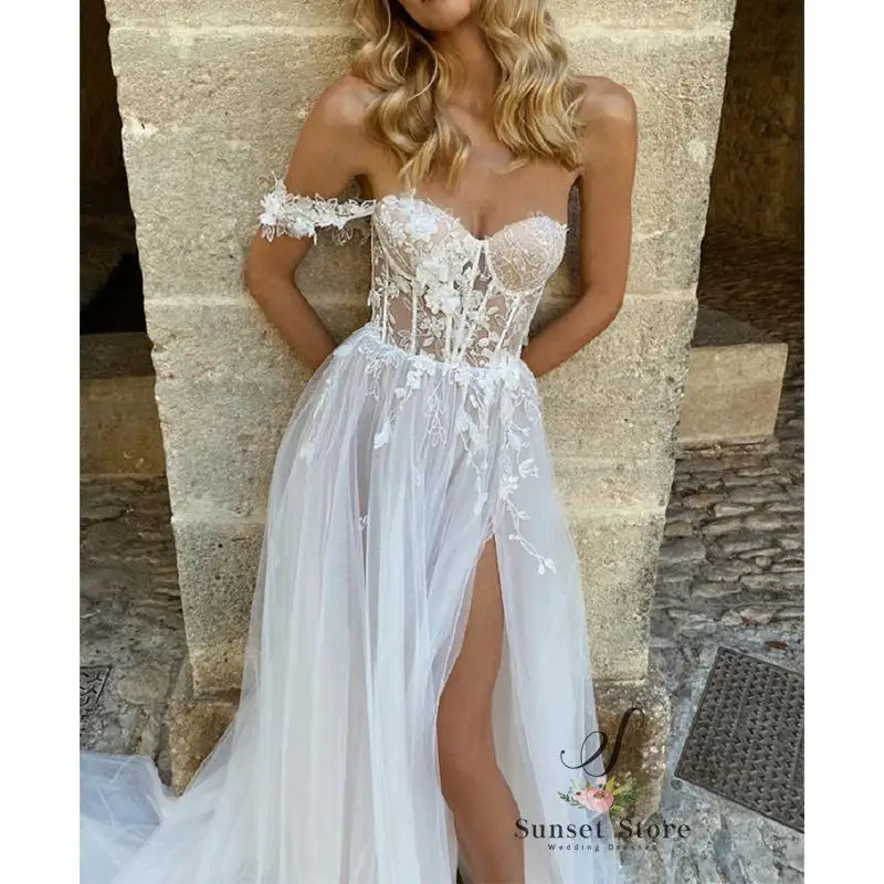 Customized    A-line Wedding Dress Strapless Back Zipper High Slit Bride Long Gown 2024 Off Shoulder Applique Tulle Train Robe D