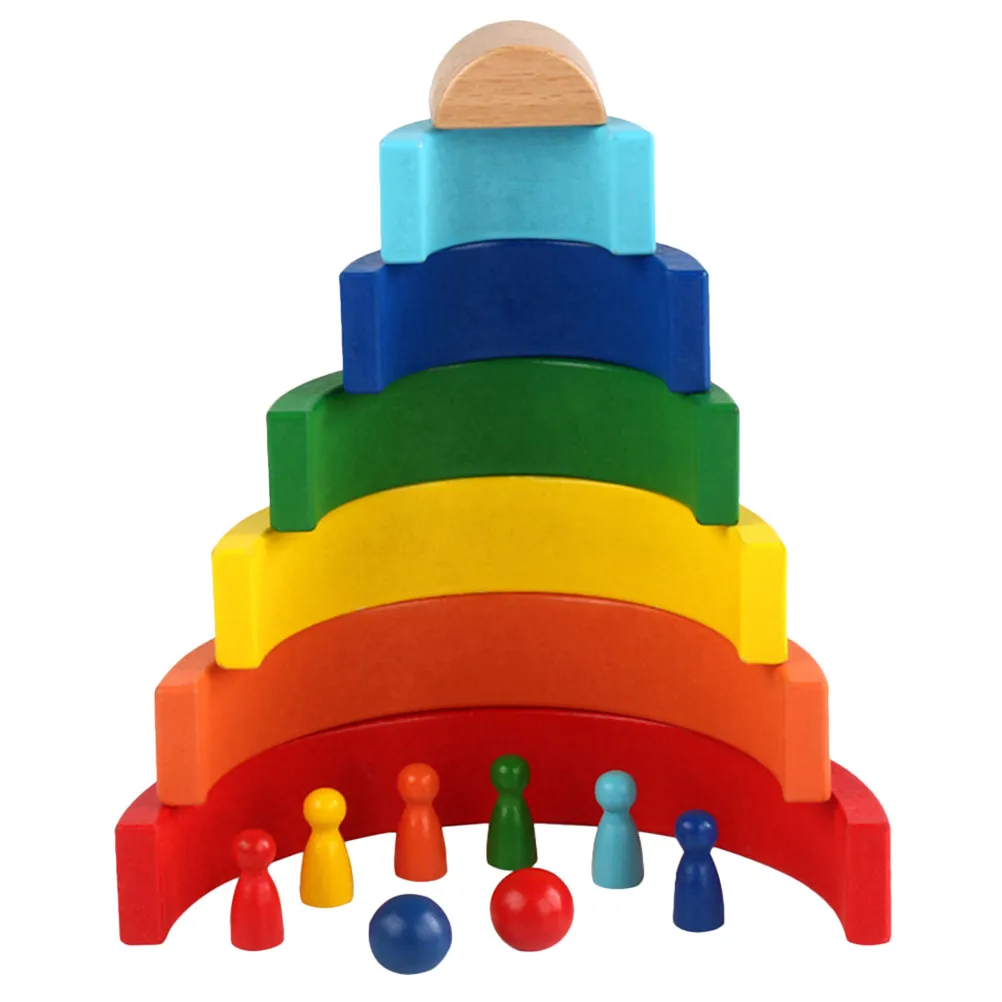 1Set Wooden Rainbow Stacking Blocks Set 7 Arcs 6 Rainbow Men 2 Balls for Kids Color Recognition Hand-Eye Coordination