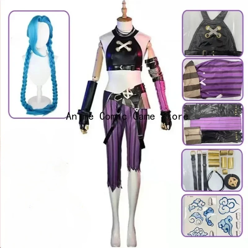 Kostium Cosplay Anime Jinx Arcane, Strój Cosplay Crit Jinx, Strój Cosplay Loose Cannon, Peruka, Seksowny Kostium Karnawałowy dla Kobiet