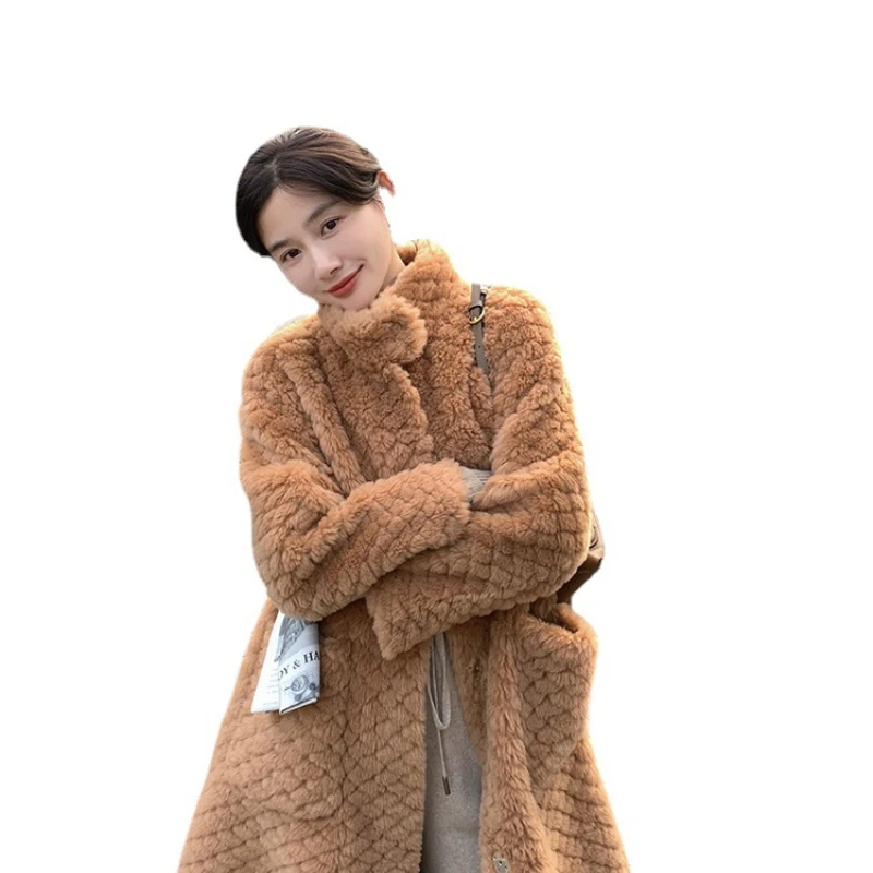 New Stand Collar Cloud Medium and Long Light Soft Lamb Wool Grain Sheep Sheared Fur Coat Cardigan Female