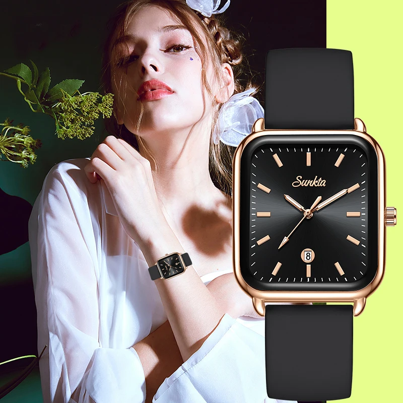 

Sunkta Elegant Fashion Woman Watch Square Retro Luxury Silicone Belt Auto Date Casual Waterproof Luminous Quartz Watches for Men