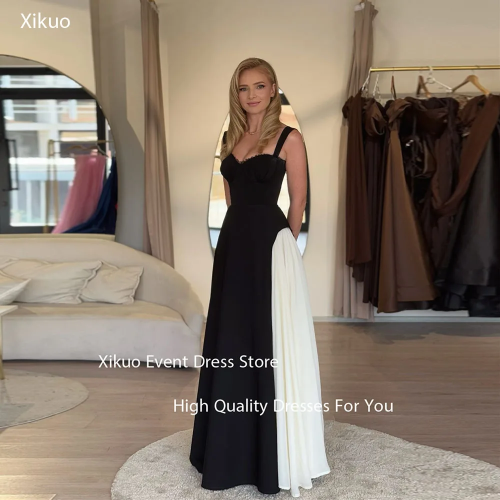 Xikuo 흑백 새틴 이브닝 드레스 긴 라인 Strapless Robes De Soirée 스파게티 스트랩 공식 파티 드레스 맞춤형