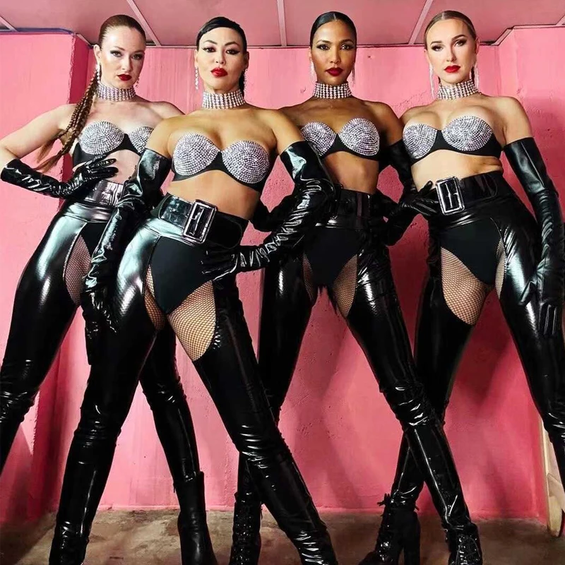 

New Sexy Gogo Dancer Costume Women Rhinestones Bra Hollow Pants Bar Nightclub Dj Ds Pole Dance Clothing Stage Rave Outfit Set