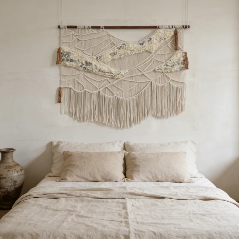 Handmade Macrame Handmade Woven Fiber Art with Tassel Natural Cotton Wall Decor for Bedroom Living Room Home