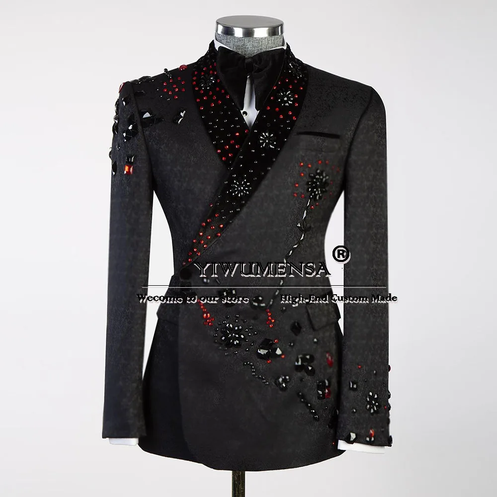 Black Floral Man Suits Handmade Crystals Beaded Jacket Pants 2 Piece Groom Wedding Tuxedos Tailored Costume Homme Pour Mariage