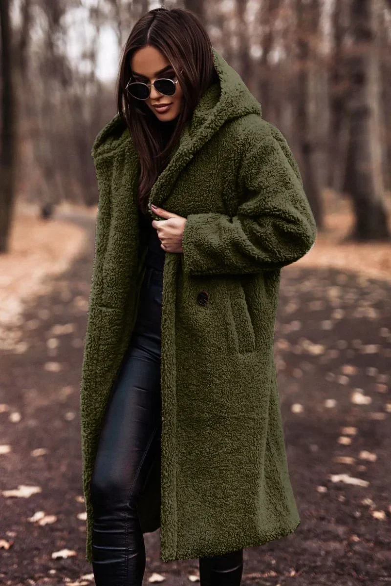 Women Hooded Plush Coat Long Sleeve Loose Fashion Autumn Winter Solid Color Faux Fur Jacket Coats