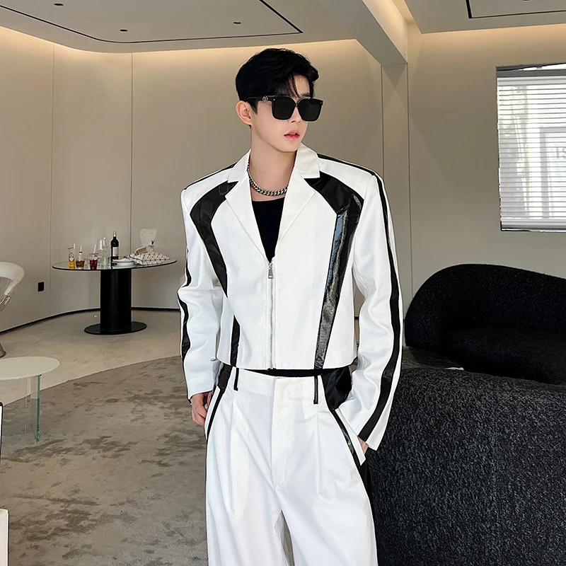 Fashion Trendy Male Men's Sets Men's Handsome Black White Color Contrast Patchwork Suit Jackets Wide Leg Pants Two-Piece Sets