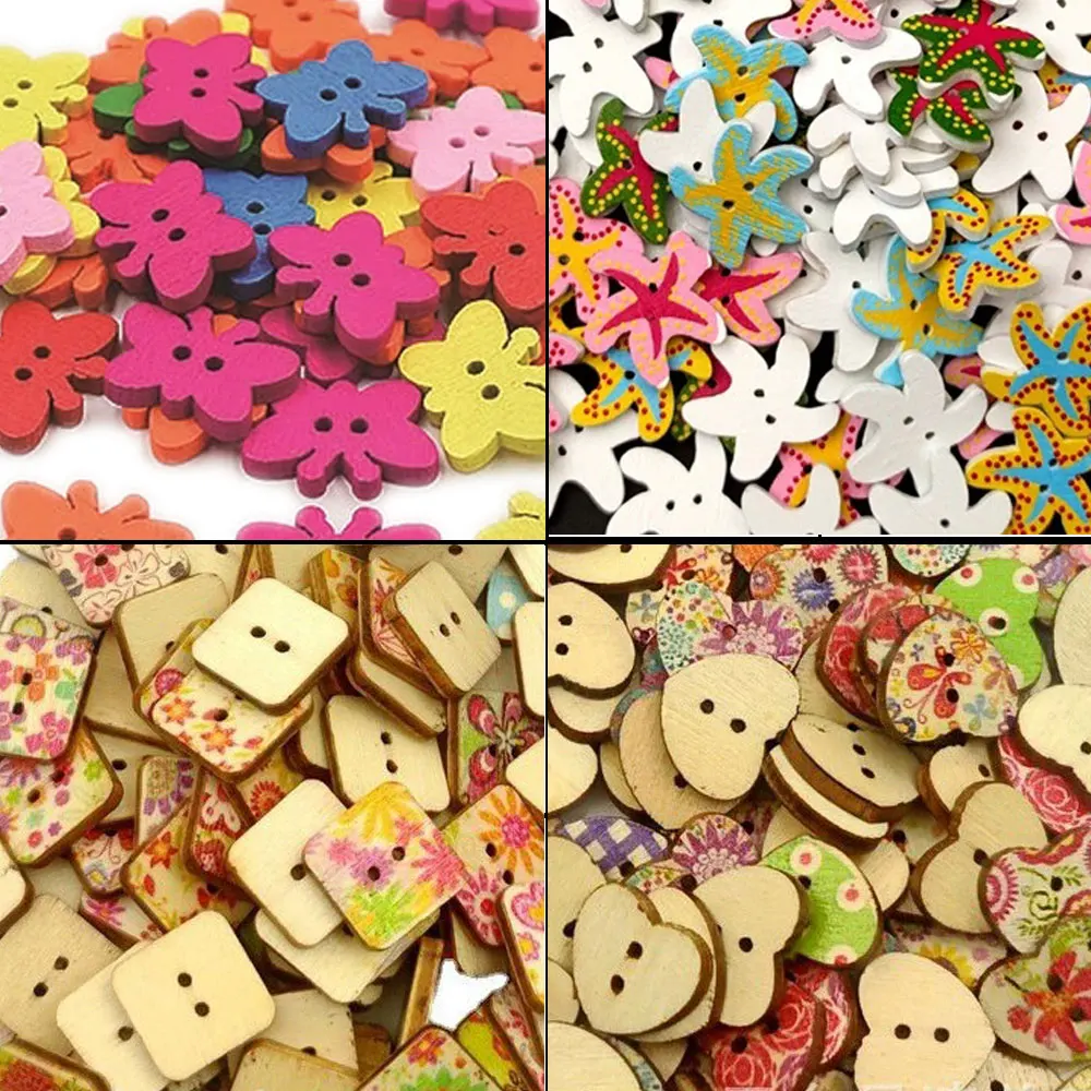 

300PCS Mixed Flower 2 Hole Wooden Buttons for Clothing Kids Scrapbooking Crafts DIY Baby Children Sewing Button Decoration