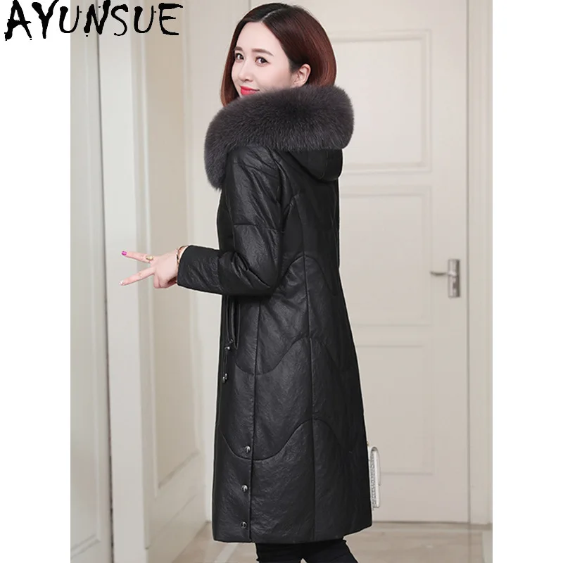 AYUNSUE Kurtka puchowa z prawdziwej skóry damska, średniej długości płaszcz z owczej skóry, zimowe ubrania damskie, kołnierz z futra lisa, Jaqueta De Couro