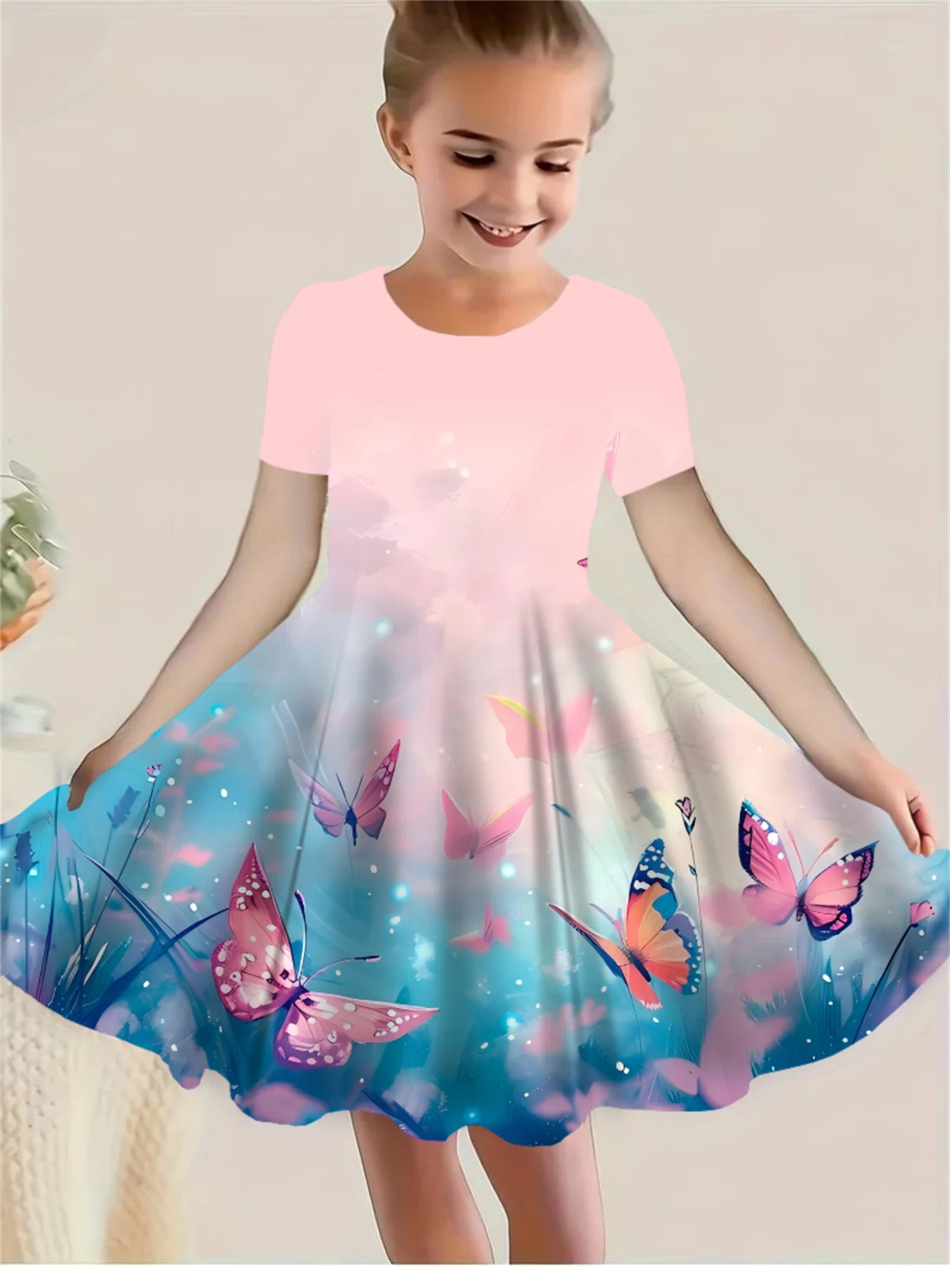 Girls' Pink Dress, Girls' Pink Butterfly Short Sleeve Dress, Clothing New Style Casual Animal Outfit, Summer Short Sleeve Dress