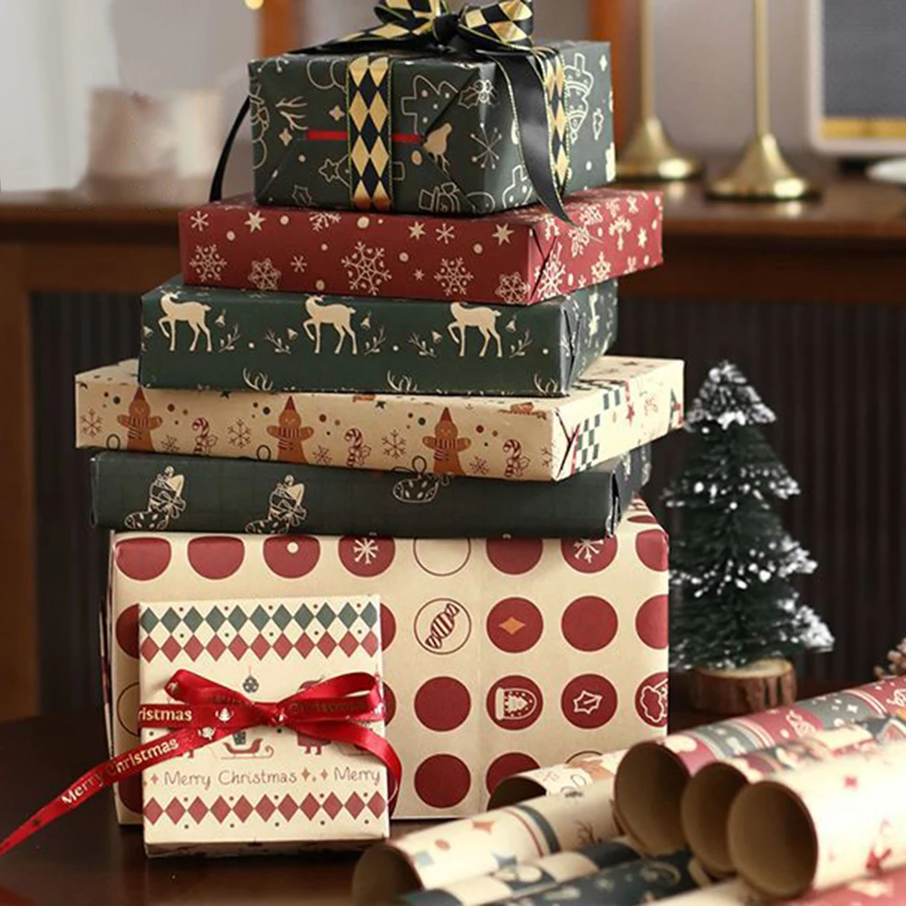 6 أوراق هدية الكريسماس ورق التغليف الأيائل سانتا كلوز ثلج نمط ورقة مطوية شقة 3 تصاميم DIY بها بنفسك ورق الحرف للحزب