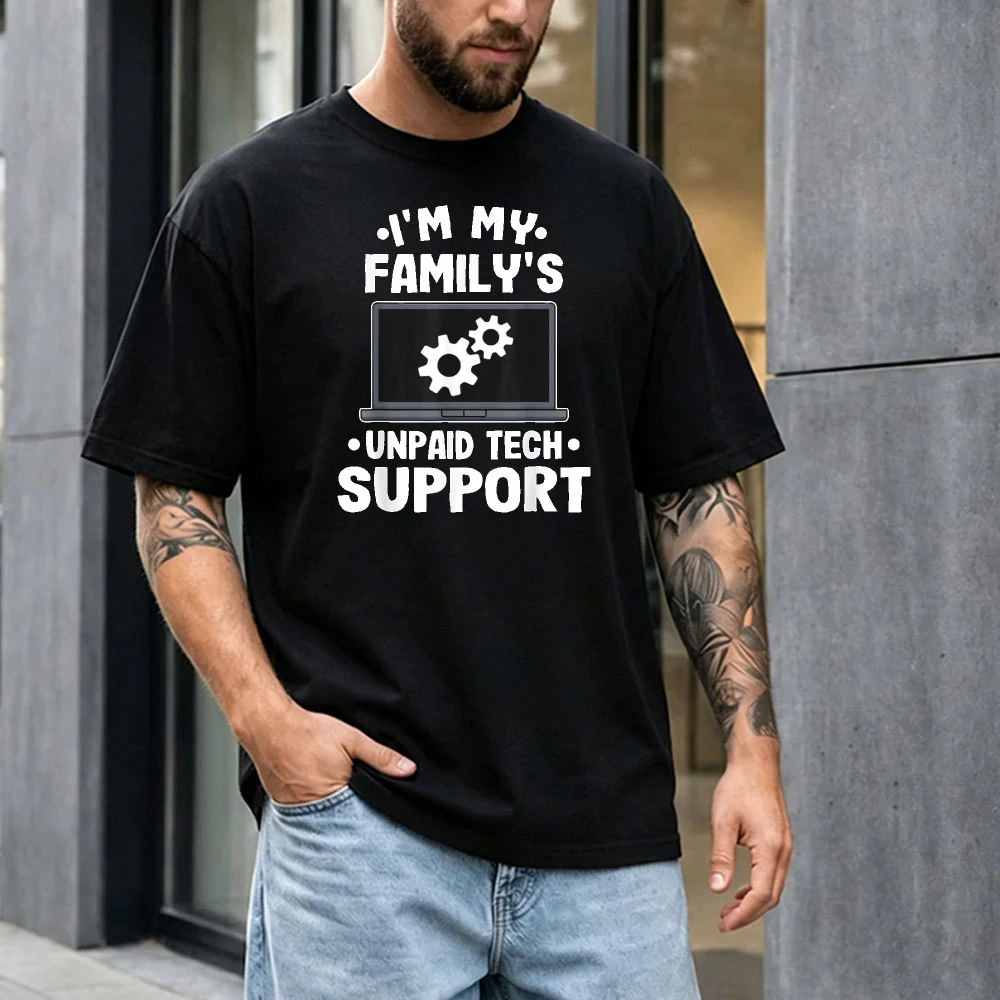 I'm My Family's Unpaid Tech Support Laptop Gear Print Tee Men Short Sleeve Casual Tops Gift for IT Technician Computer Tops