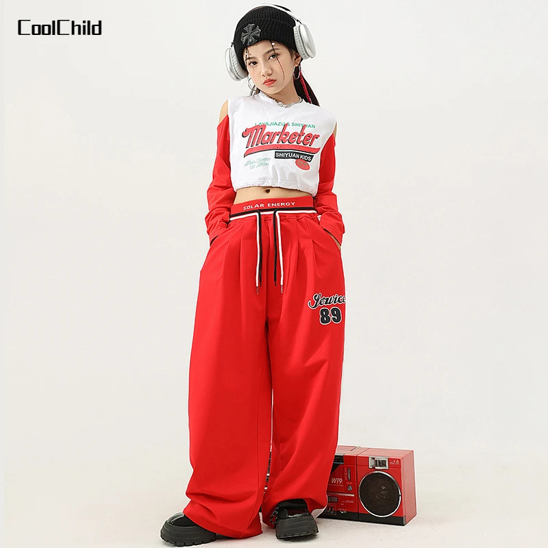 

Hip Hop Girls Off Shoulder Crop Top Street Dance Red Loose Pants Children Streetwear Baggy Jeans Clothes Sets Kid Jazz Costumes