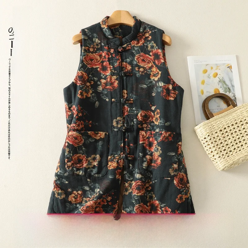 

Китайский хлопковый жилет с воротником-стойкой и принтом, новый теплый хлопковый жилет средней длины на хлопковой подкладке, длинный цветочный узор