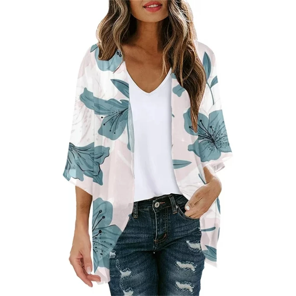 Fashion Women'S Swimwear Cover Ups Short Sleeve Printed Kimono Cardigan Loose Fit Women'S Beach Clothes Oversize Beach Cardigan