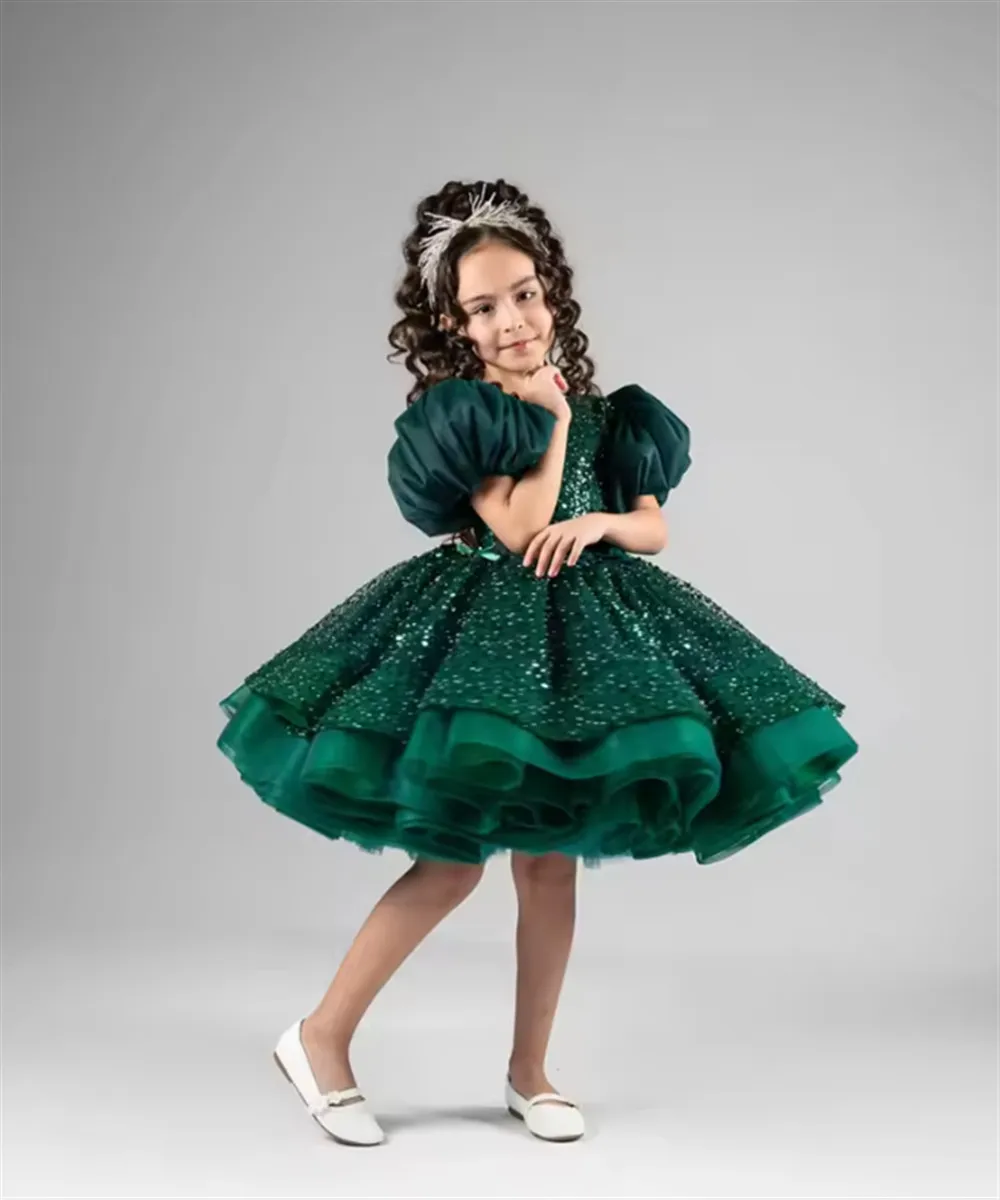Abito da ragazza di fiore con paillettes verdi per matrimonio con fiocco al ginocchio Abito da festa di compleanno per bambina Abito da prima comunione personalizzato
