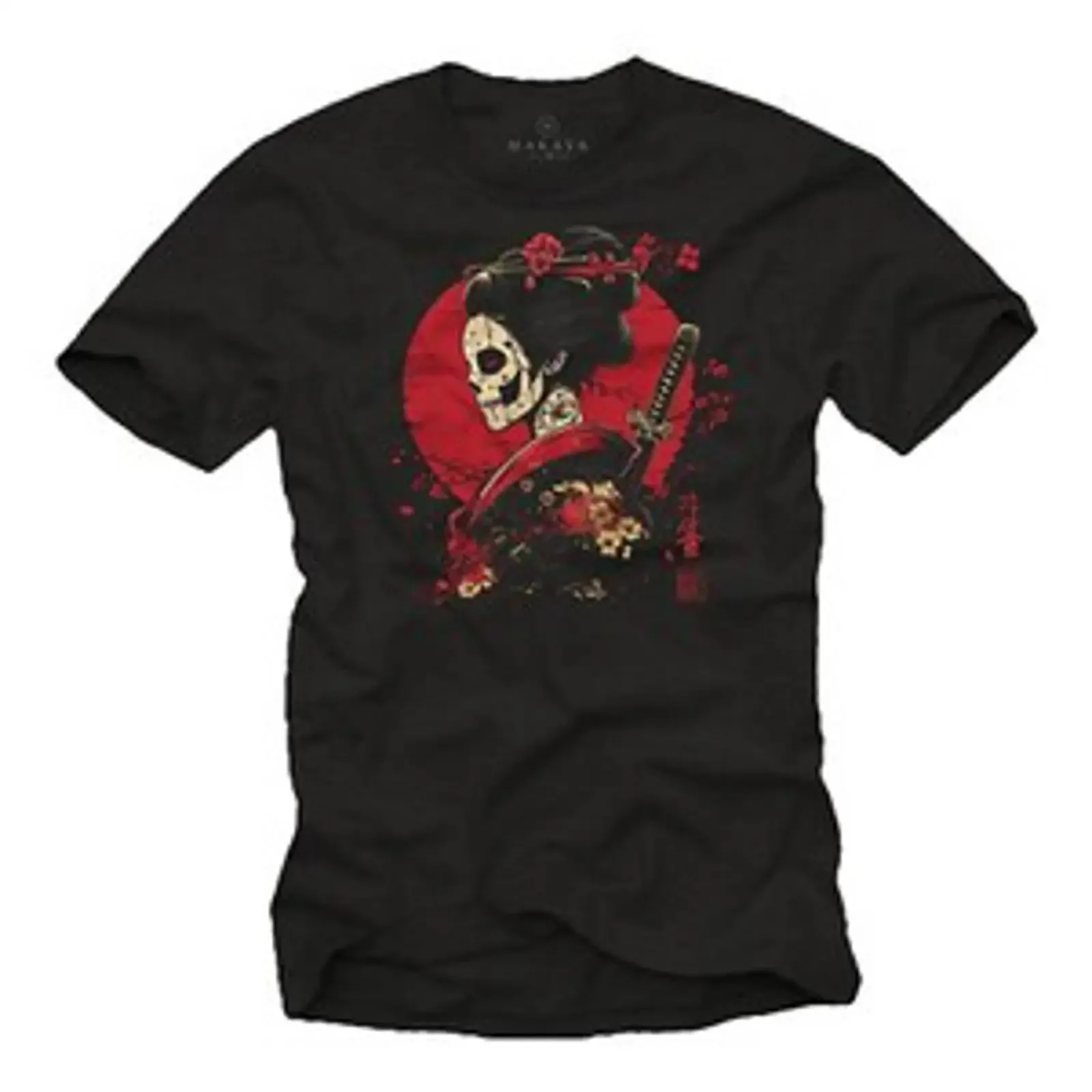 Herren T Shirt Japan Style Geisha Print Totenkopf Anime Japanische Maske vintage Washed Soft Breathable Unisex Comfortable