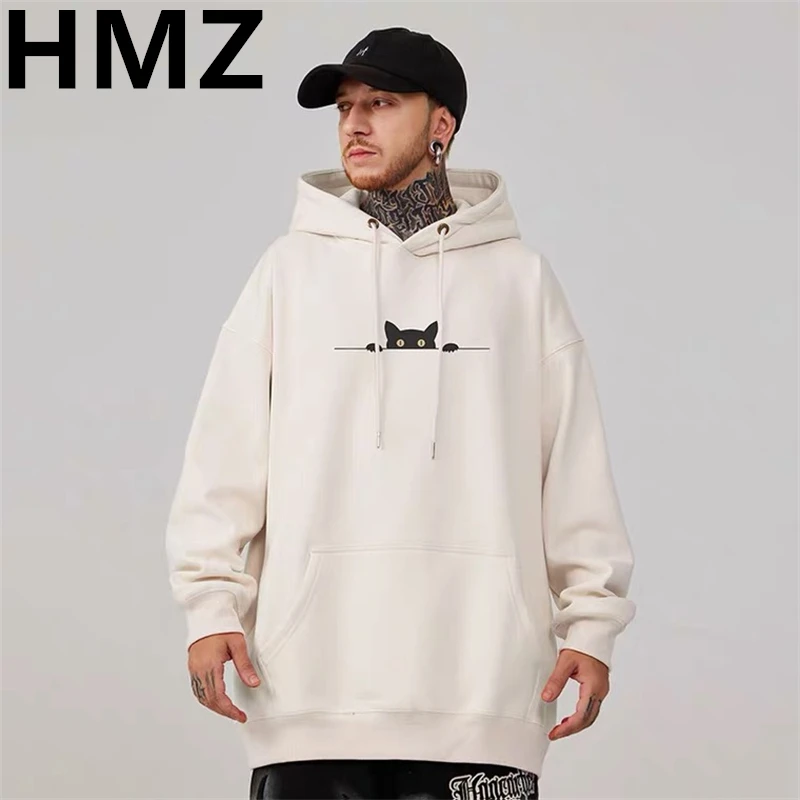 HMZ High Street Cartoon Cat Print Hoodies Clothes Couples Top Harajuku Sweatshirt Streetwear Men Oversized Cotton Hip Hop Hoodie