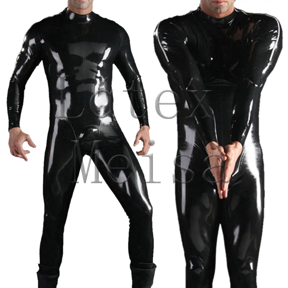 Novelty shoulder zip design  Zentai men's  latex catsuit exclude socks in black color