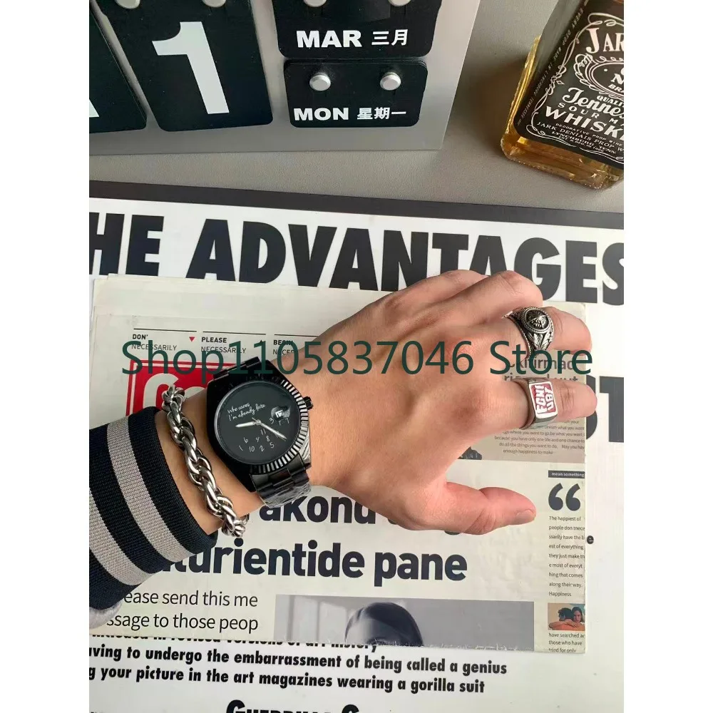 Hand drawn pattern watch, men's minimalist design, luminous steel strip men's watch