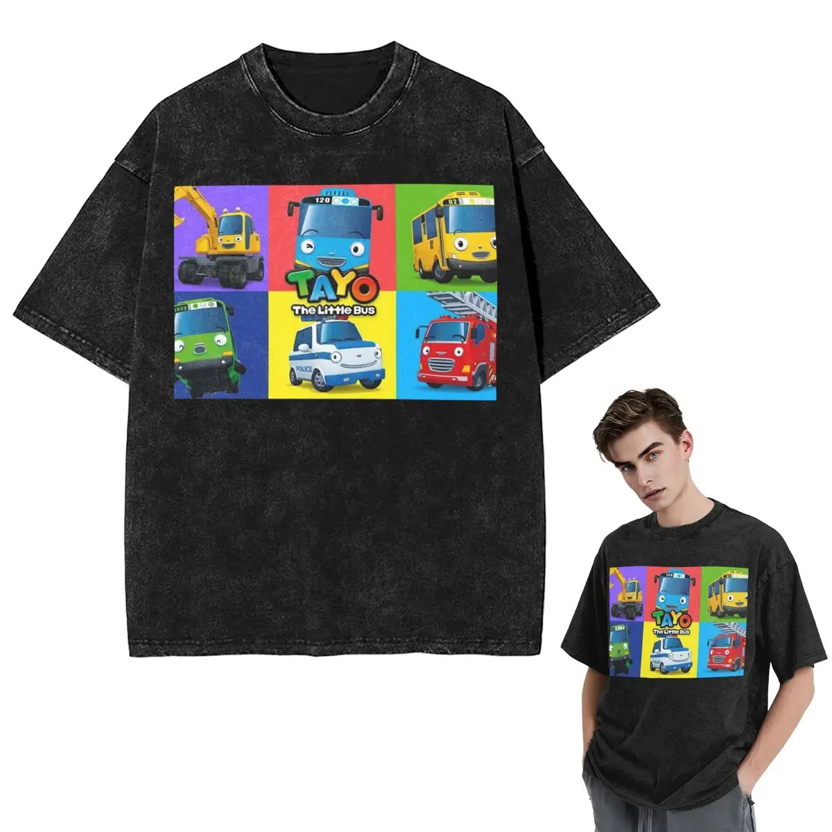Streetwear T-Shirts Tayo The Little Bus  Washed T Shirt Short Sleeve Hip Hop T-Shirt Tops Tees for Men Women