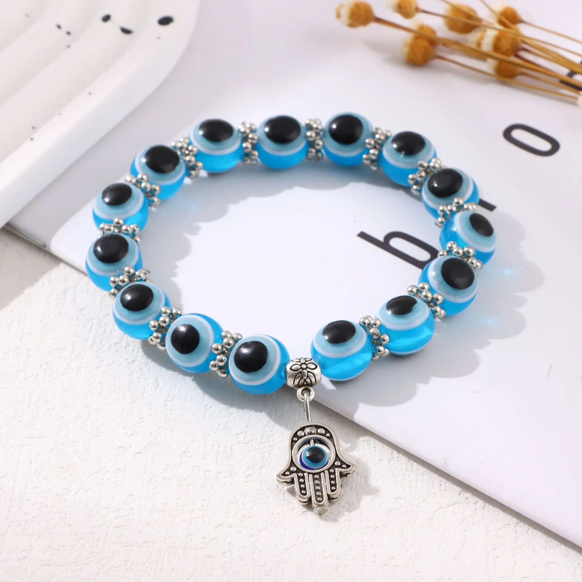 Cross-border explosion, devil eye bracelet, blue eye beaded elastic rope, Fatima palm bracelet, wholesale, European and American