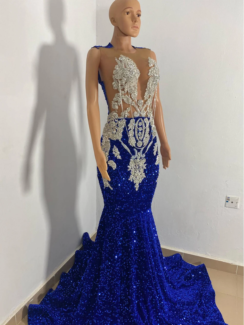 Vestido de baile de lantejoula azul brilhante, longo, prateado cristal, frisado, sereia, festa de aniversário, gala, vestidos longos para meninas negras, luxo, 2024