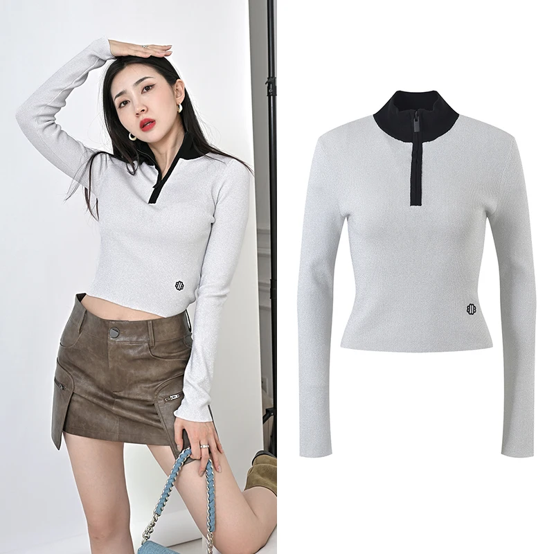 

High-End Zipper Knitted Sweater Faionable Splice Slim Fit f High Collar Long Sve Knitted Top for Women