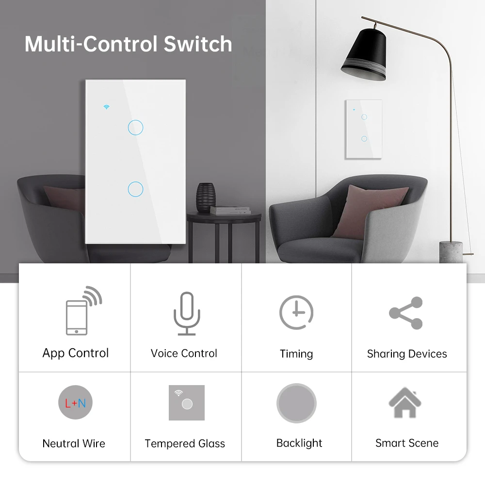 Tuya Smart Switch 1 Gang 2 Way US Wall Light Switchs Touch Glass Panel Smart Home Automation Switch Waterproof and Fireproof