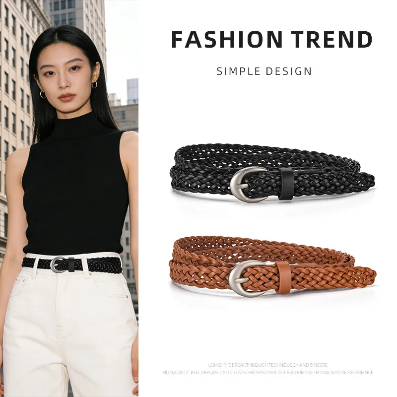 Fashionable Braided Vintage Pin-Buckle Women’s Belt Trendy Casual Everyday Pants Dresses Hole-Free Slim Leather Belts