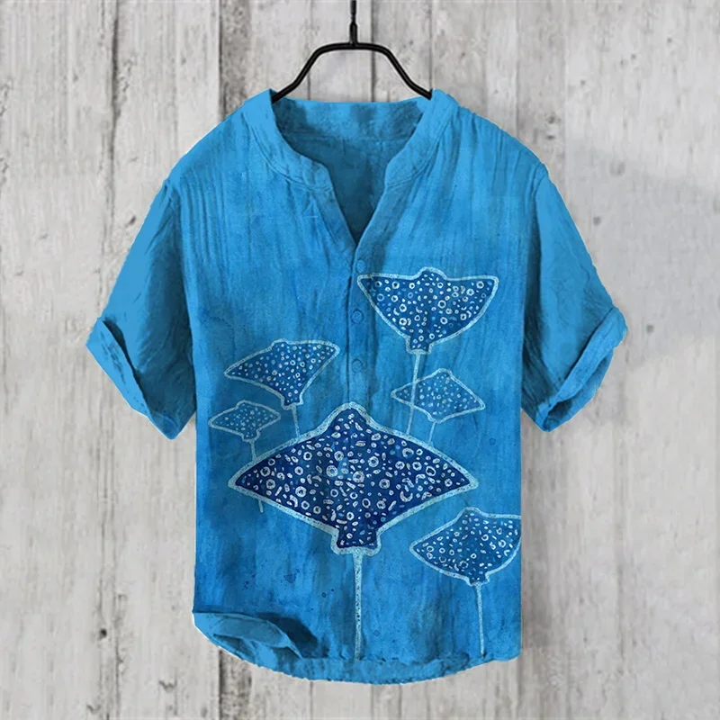 Fun print cross-border men's summer new short sleeved V-neck top with 3 button casual artistic shirt in large size