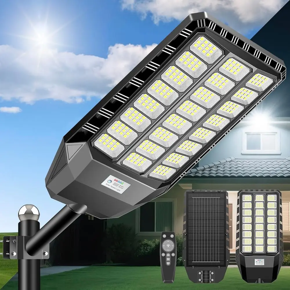 2000W Solar-Straßenleuchte, 1008 LEDs, 25000mAh Akku, IP67 Wasserdicht, Ohne Verkabelung, Bewegungssensor, Fernbedienung, Dämmerungssensor, Sicherheitsbeleuchtung für Hof, Parkplatz, Zoo