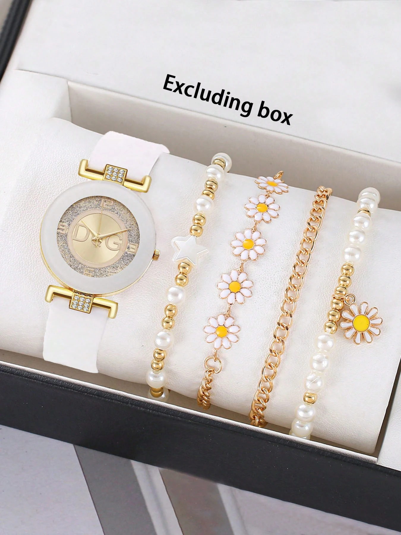 4Pcs Ladies Watch Jewelry Set Rhinestone Glitter Dial Quartz Watch Pearl Necklace & Earrings