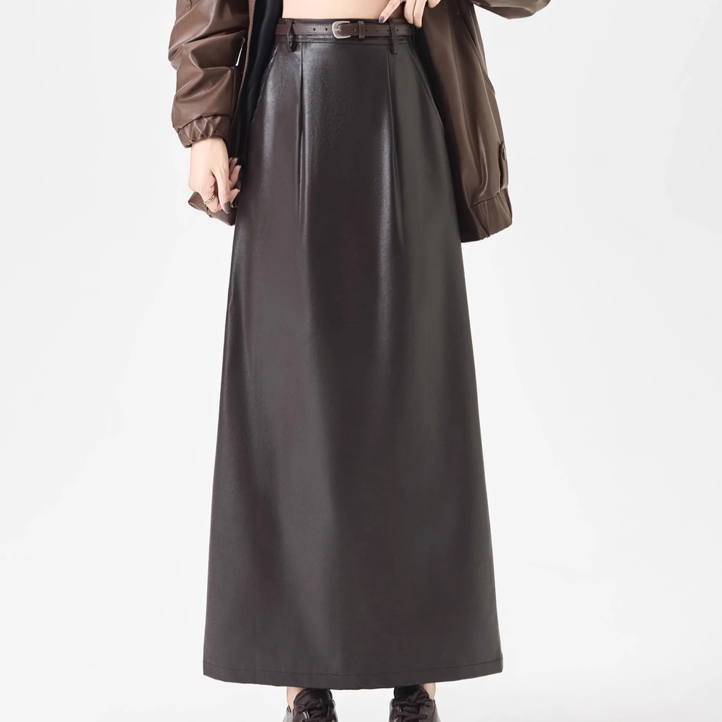 

Стильные женские юбки трапециевидной формы из искусственной кожи, осень-зима, юбка из искусственной кожи с высокой талией и разрезом