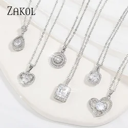 ZAKOL Fashion Geometric Zirconia Pendant Necklaces for Women Shiny Round Heart CZ Sweater Chain Wedding Party Jewelry