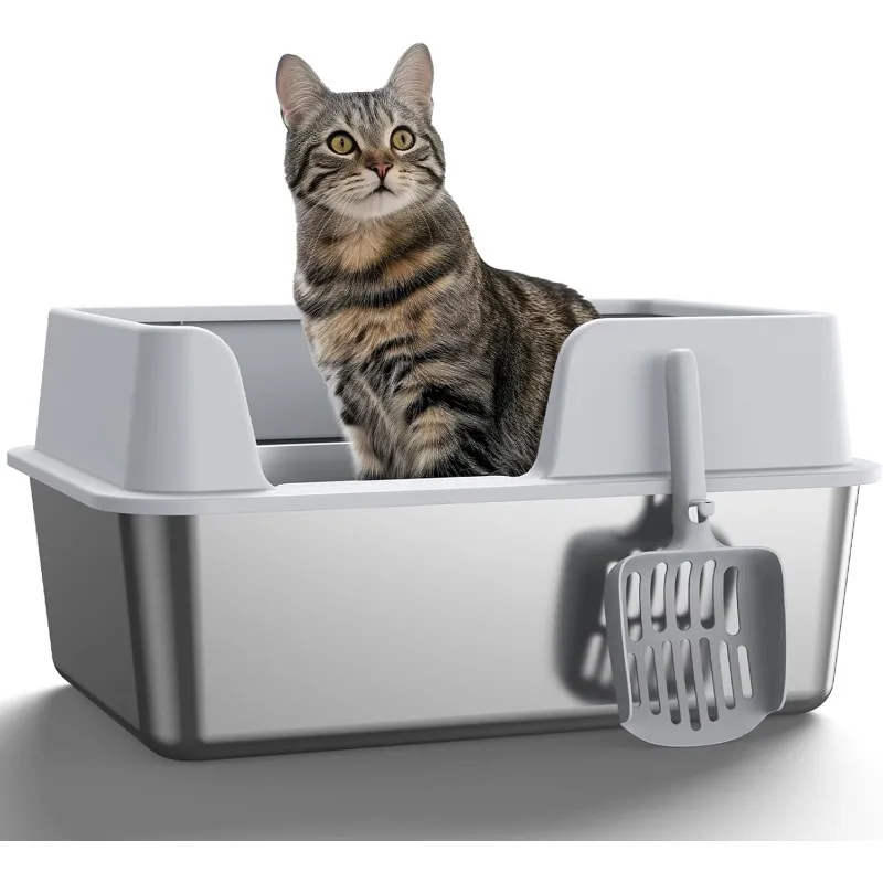 

Stainless Steel Cat Litter Box with Lid,Covered Litter Box for Cats Metal Litter Pan Tray with High Wall Sides Enclosure,