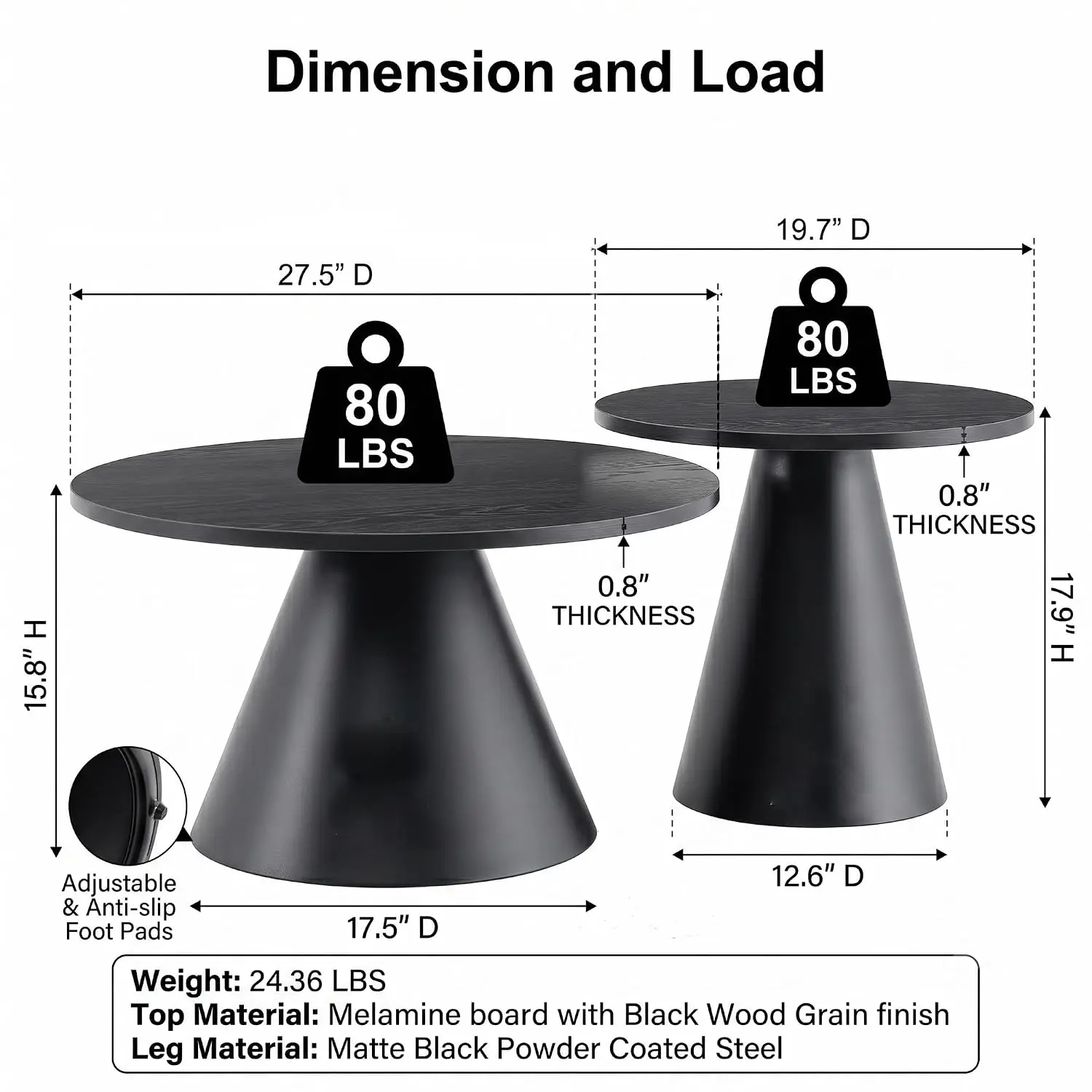 Round Nesting Coffee Table Set of 2 Modern Living Room Side Tables Melamine Top Steel Base Black, Customized