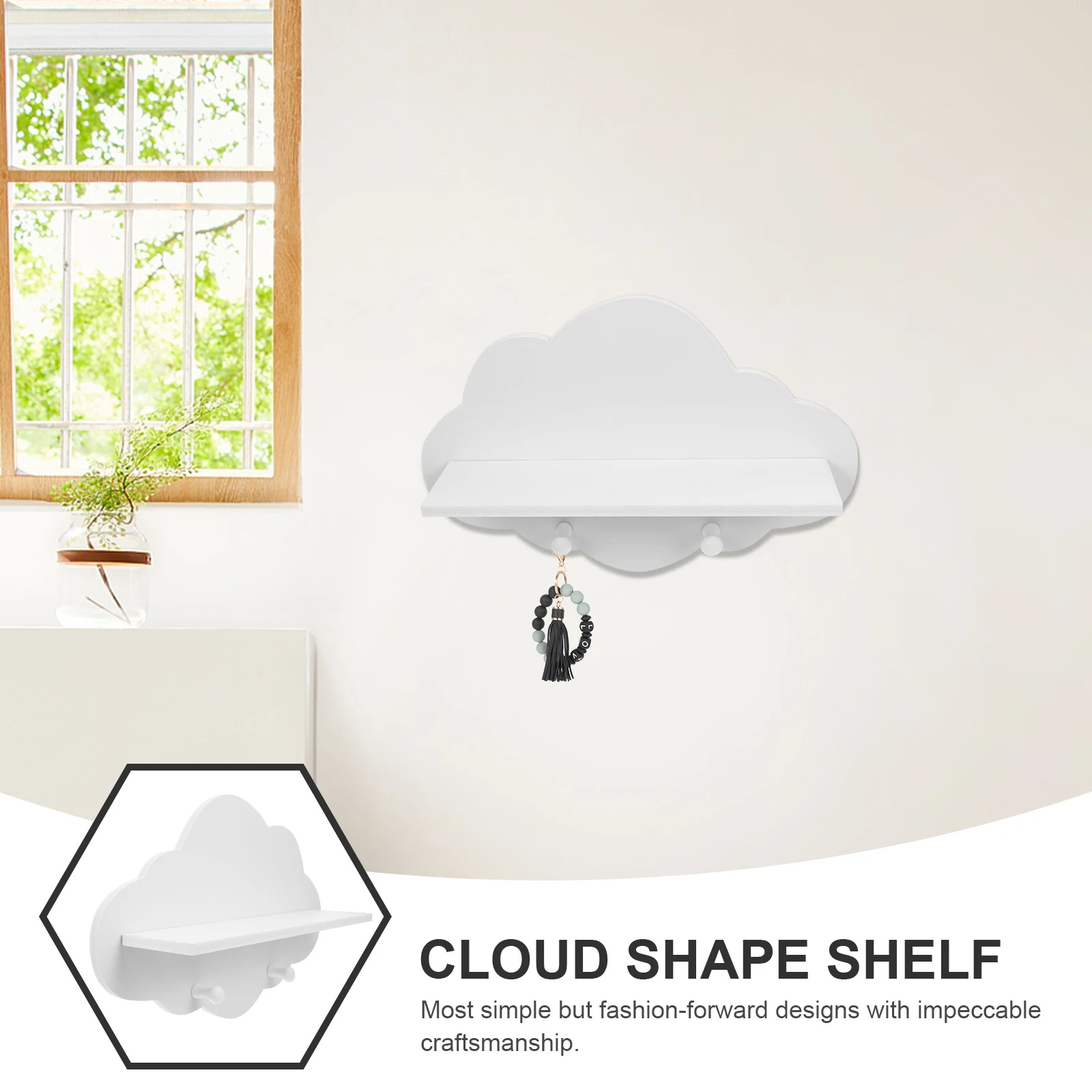 

1pc Solid Wood Floating Shelves White Cloud Shape Heavy Duty Wall Mounted Bedroom Kitchen Storage Rack Wooden Bracket